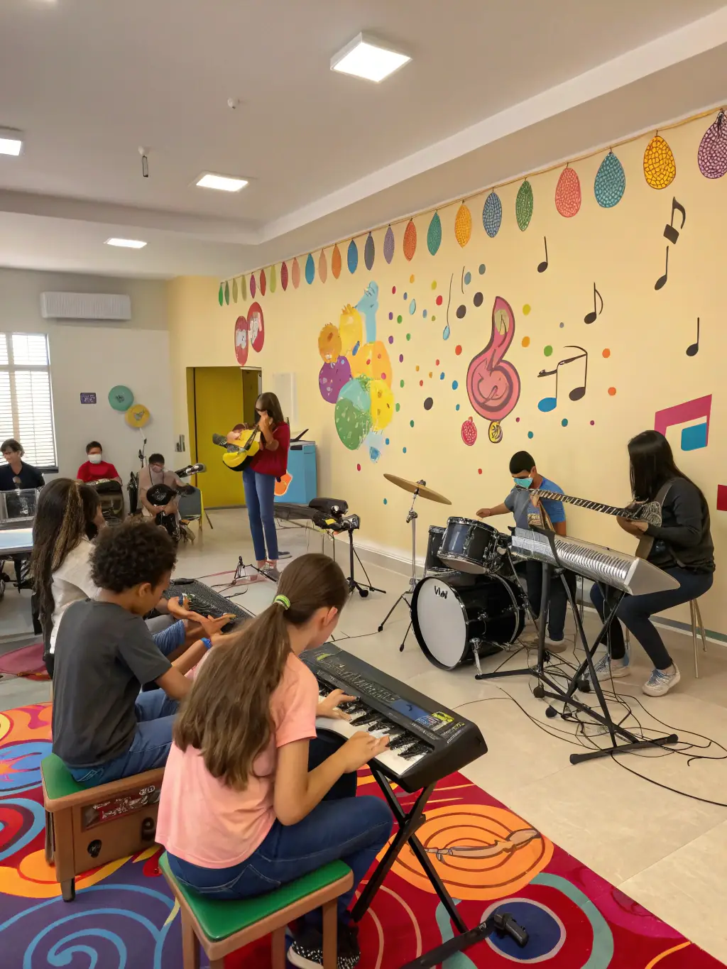 A colorful image of a music workshop in progress, showing participants of different ages learning to play instruments under the guidance of an instructor.