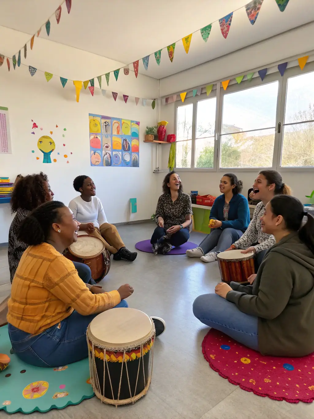A diverse group of people participating in an ASSO RXP music workshop, demonstrating inclusivity and cultural exchange.