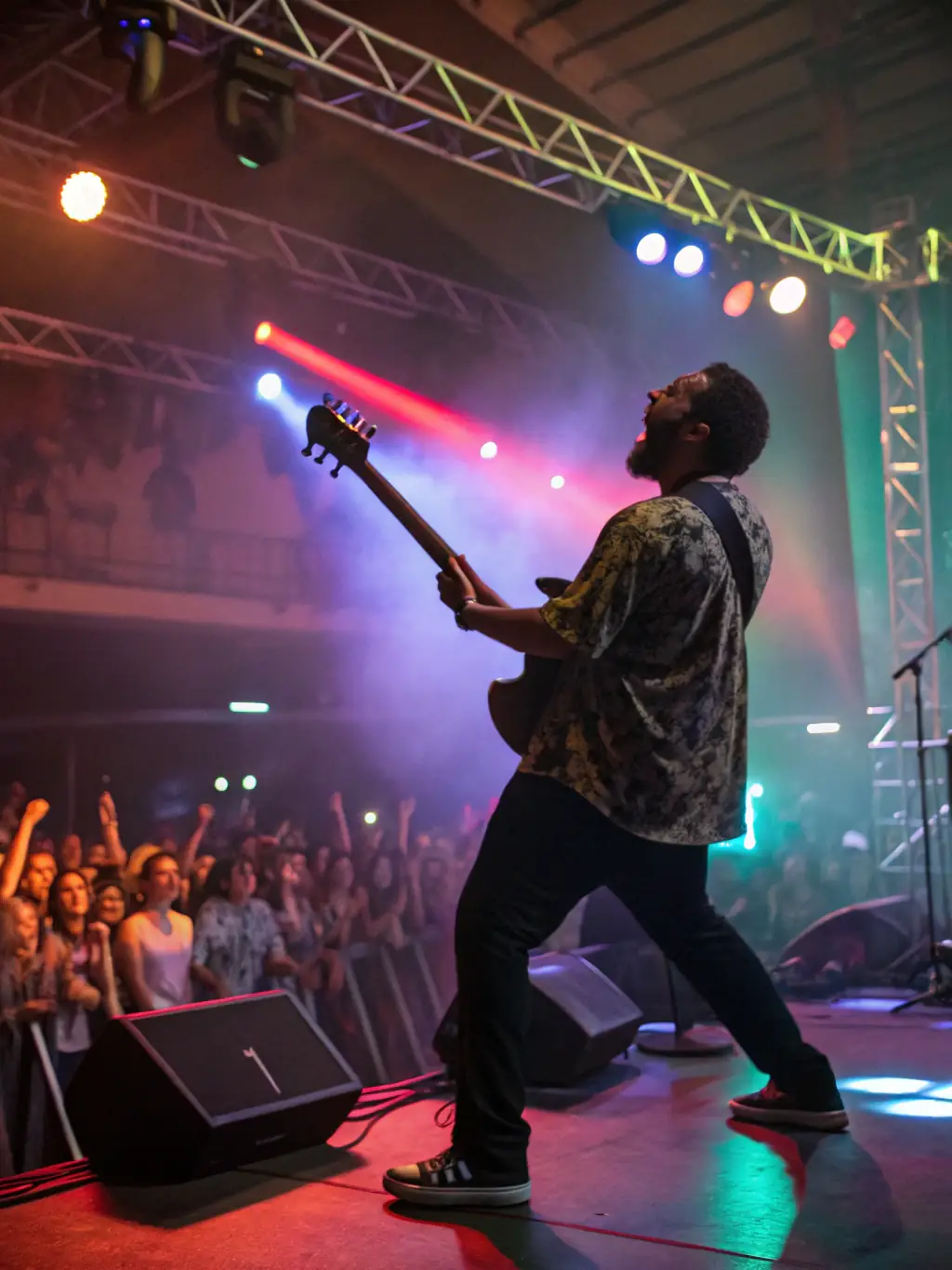 A vibrant photo capturing the energy of a live concert organized by ASSO RXP, featuring musicians on stage and an enthusiastic audience.