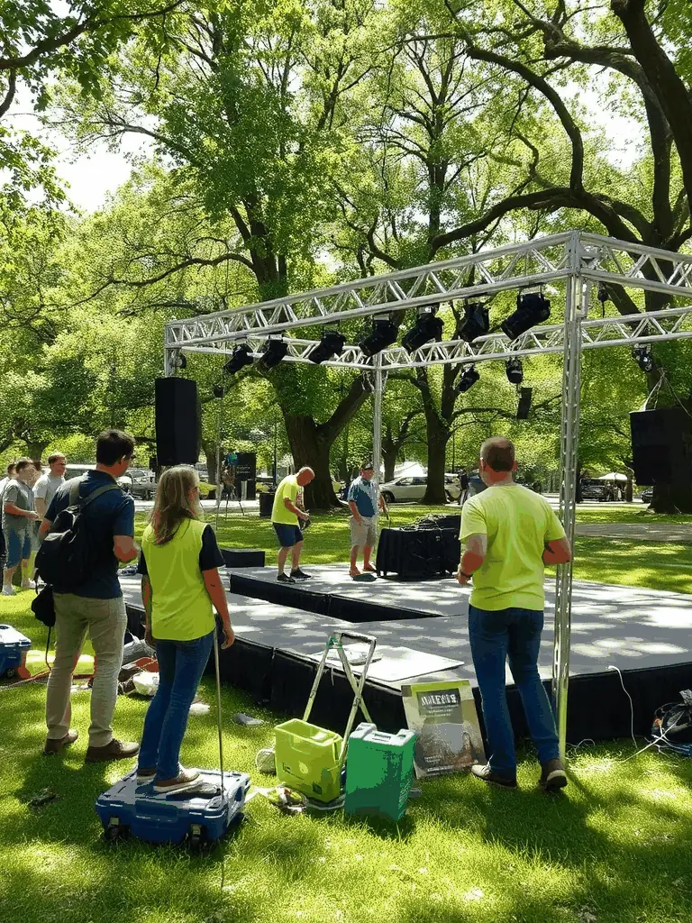 A vibrant photo of volunteers setting up for an ASSO RXP outdoor concert, showcasing teamwork and community spirit.
