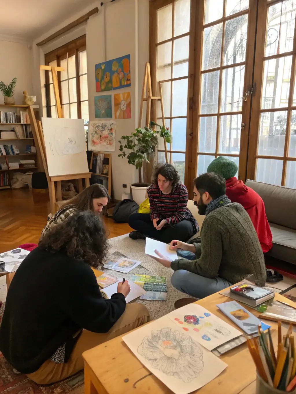 An image of artists collaborating during an ASSO RXP-supported artistic residency, highlighting the organization's commitment to fostering creativity.